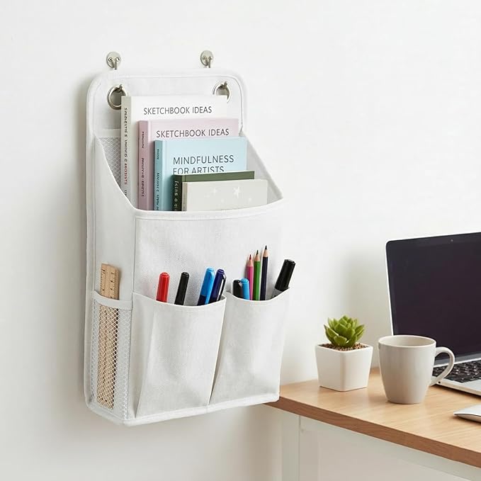 Hanging Basket for Organizing, Hanging Organizer with Pockets, Wall Storage Basket Bedside Caddy Camper Fabric File Organizer Holds Books, Phones, Glasses, Mail, Keys for Home, Office, Dorm (White)
