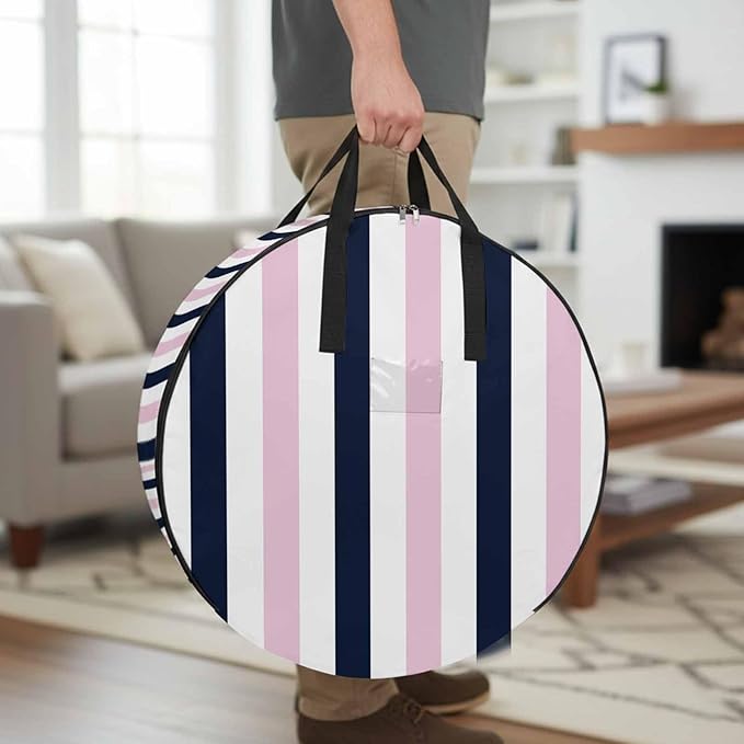Storage Bag Navy Blue Pink Stripes Round Storage Totes Bins Closet Organizers with Zippers & Handle Contrast Striped Clothes Storage Container for Bedroom Dorm Space Saving Packing Supplies Bags