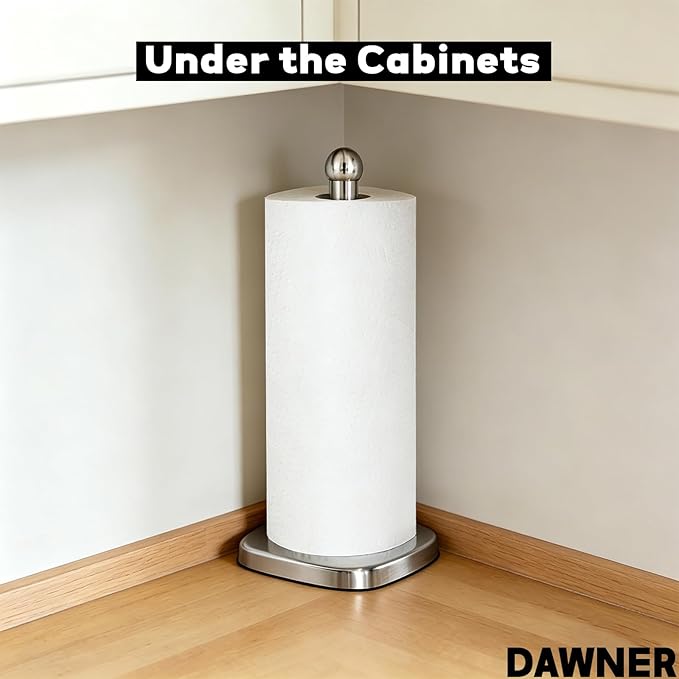 DAWNER Secure Grip Paper Towel Holder Countertop, Easy to Tear with One-Hand, Stainless Steel Paper Towel Stand, Dual-Weighted Suction Base for Kitchen & Bathroom‌