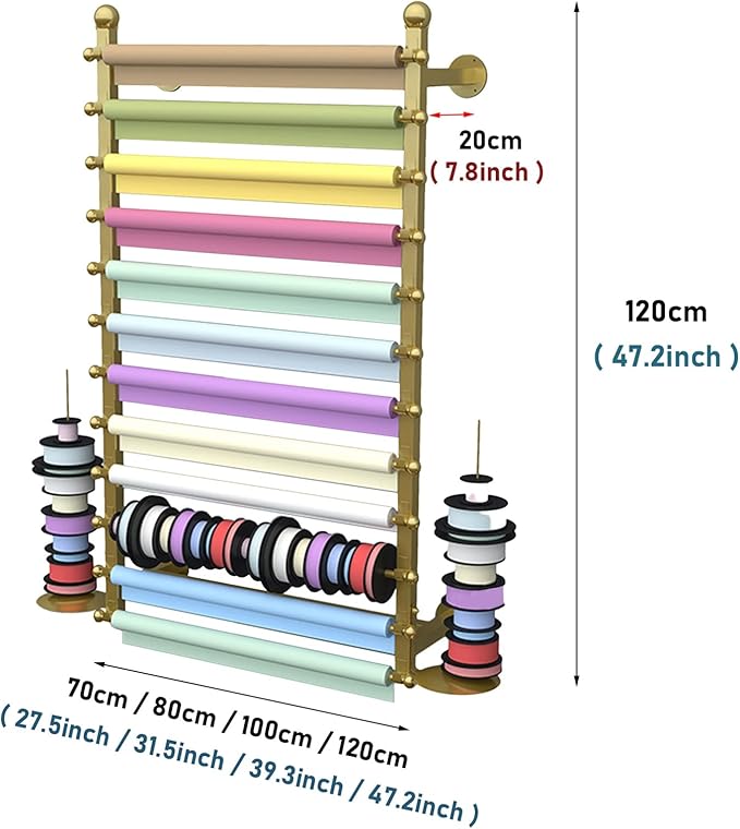 Ribbon Display Storage Organizer Wire Spool Rack Wrapping Paper Shelf Wall Mounted,Detachable Ribbons Tray&Removable Crossbars,Gold,70X20X120Cm