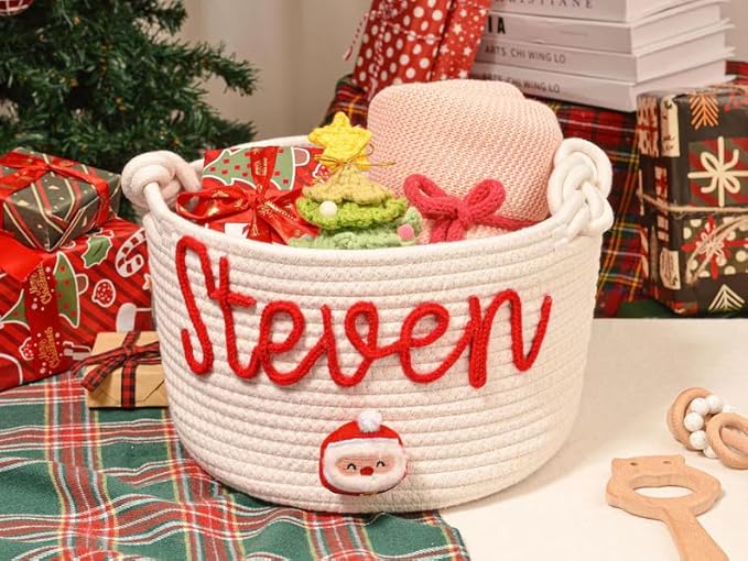 Personalized Handmade Kids Christmas Eve Gift Basket Cotton Rope Storage Basket with Name Large Capacity
