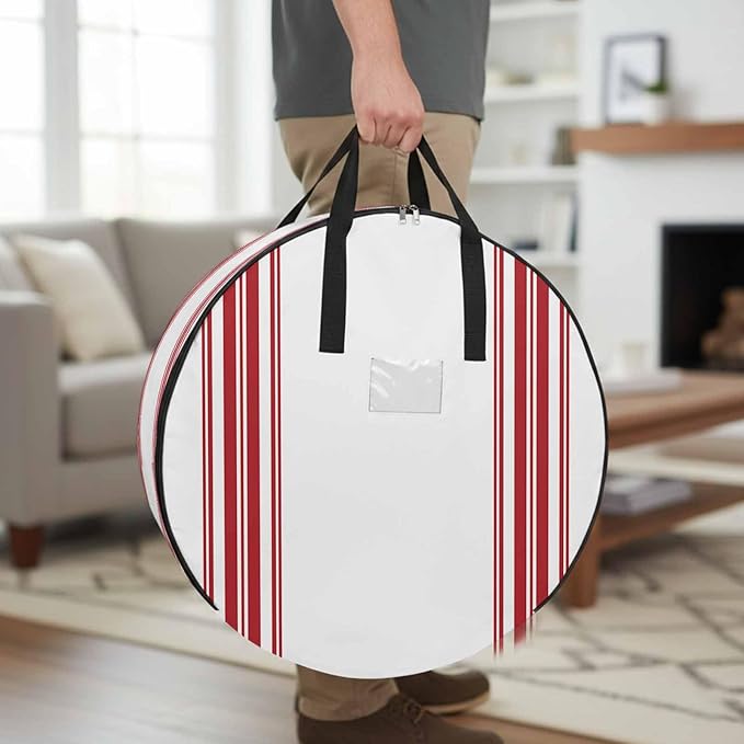 Storage Bag Red Ticking Vertically Stripe Round Storage Totes Bins Closet Organizers with Zippers & Handle Simple Style White Clothes Storage Container for Bedroom Dorm Space Saving Packing Supplies