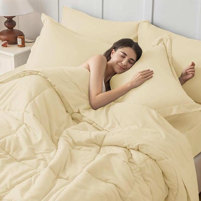 JOLLYVOGUE Twin Comforter Set, Ultra-Soft Bed in a Bag Twin Size 5 Pieces, Oeko-TEX Certified Bedding Set with Down Alternative Comforter, Sheets, Pillowcases & Shams, Light Yellow