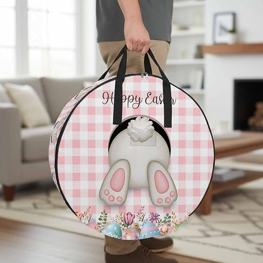 30 Inch Round Storage Bag 1 Pack,Funny Rabbits Butt Colorful Easter Eggs Waterproof Wreath Storage Container with Handles&Zipper Pink White Buffalo Tartan Closet Organizer Bags Garland Box