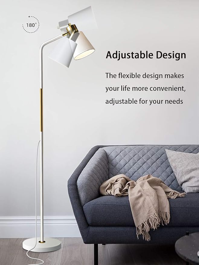 LALISU Floor Lamp, Industrial Floor Lamps for Living Rooms Rustic Farmhouse Reading Standing Floor Lamp Adjustable Metal Heads Indoor Task Lighting for Living Room Bedroom Office Home Décor (White)