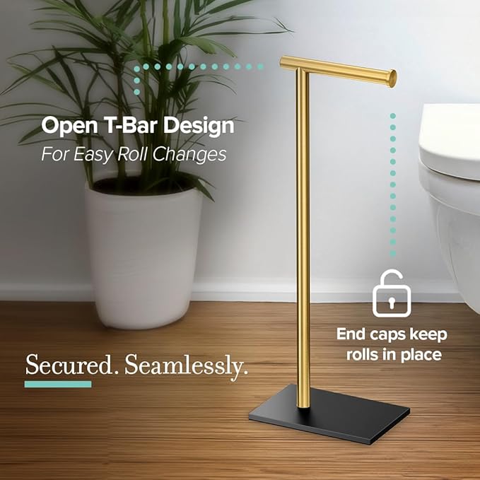 Gatco 1431MXB Modern Rectangle Base Freestanding Toilet Paper Holder, 21.25", Matte Black Brushed Brass, with Weighted Base