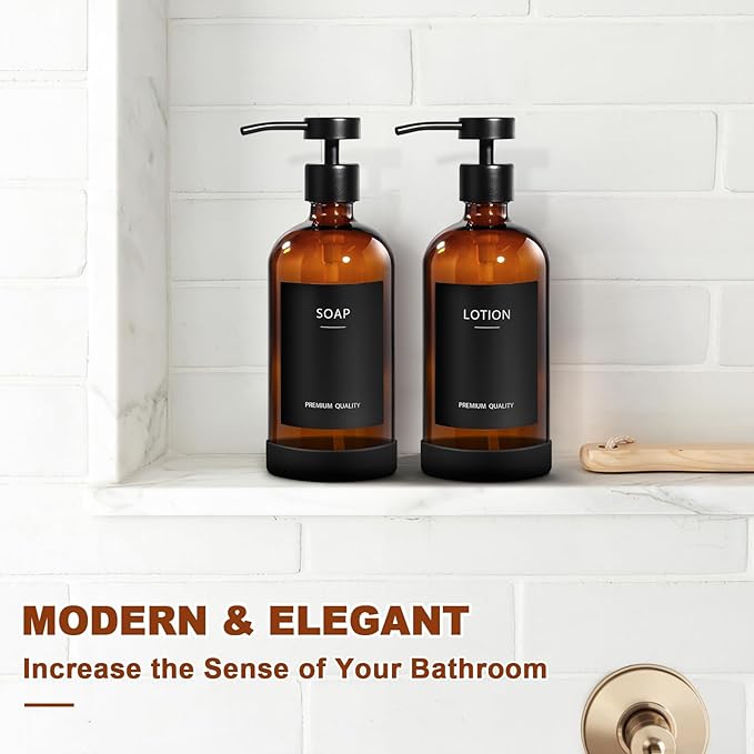 RYTOXILO Hand Soap Dispenser for Bathroom 2 Pack, Amber Glass Soap Dispenser with Stainless Steel Pump, 16.9 Fl oz Hand and Dish Soap Dispensers Set Kitchen, Modern Brown Soap Lotion Dispensers Bottle