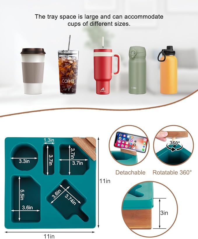 Couch Cup Holder Tray, Silicone Wooden Couch Caddy with Cup Holder for Snacks, Drinks, Remotes, Waterproof Cup Holder for Couch, Organizer, Couch Drink Holder, Easter Gifts