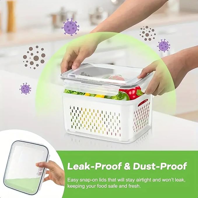 3Pcs Fruit Containers for Fridge with Removable Colanders and Lids, Airtight Storage Container to Keep Fruits, Vegetables, Berry, Meat Fresh Longer, Dishwasher & Microwave Safe