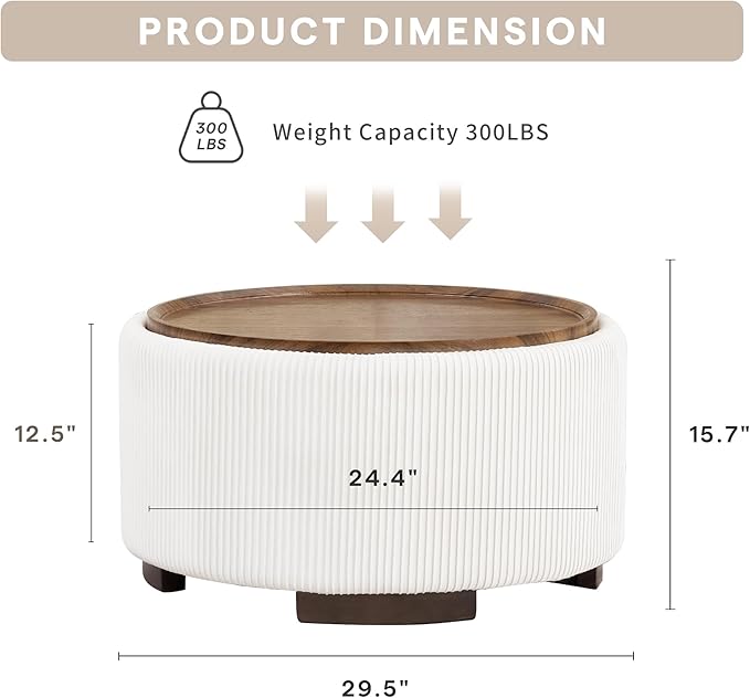 29.5 Inch Round Storage Ottoman Coffee Table,Modern Circle Coffee Table with Storage with Removable Lid Top and Solid Wood Legs,Large Round Ottoman for Bedroom,Living Room,Velvet,Beige