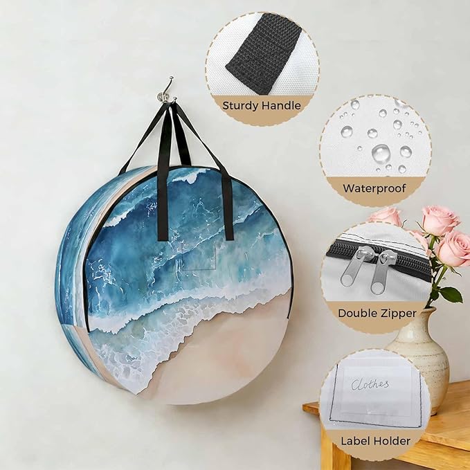 Abstract Waves Round Storage Bag 24 Inch, Blue White Ocean Spray Seaside Watercolor Clothes Storage Container with Handles Heavy Duty Organizer for Comforter, Bedding & Holiday Wreaths
