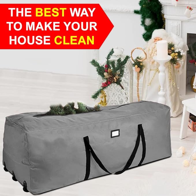 ProPik Christmas Rolling Tree Storage Bag 9 Ft. | Extra Large Heavy Duty Holiday Storage Container | 28" x16.5"x 60" | 3 Wheels & Handles Fits Up to 9 Foot Tall Disassembled Trees 600D Oxford (Gray)