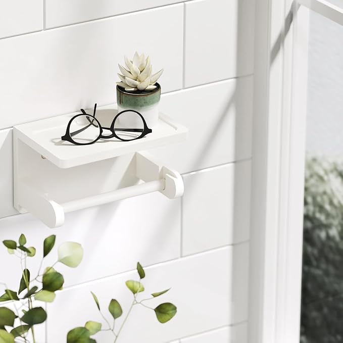 VERTORGAN Toilet Paper Holder with Phone Shelf,Bamboo Wall Mounted Tissue Roll Holder for Bathroom(White)
