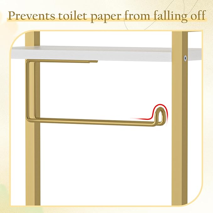 Toilet Paper Holder with Storage Shelf - Freestanding Roll Dispenser for Bathroom, Bathroom Organizer for Tissues and More Gold