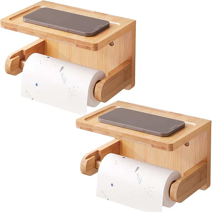 VERTORGAN 2 Pack Toilet Paper Holder with Phone Shelf,Bamboo Wall Mounted Tissue Roll Holder for Bathroom(Natural)