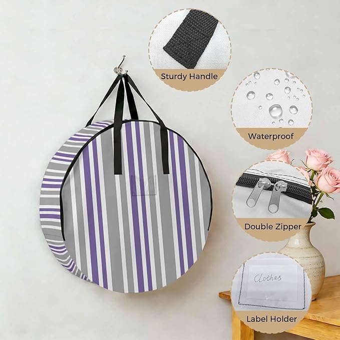 Storage Bag Purple Stripes Round Storage Totes Bins Closet Organizers with Zippers & Handle Grey Striped Lines Clothes Storage Container for Bedroom Dorm Space Saving Packing Supplies Moving Bags