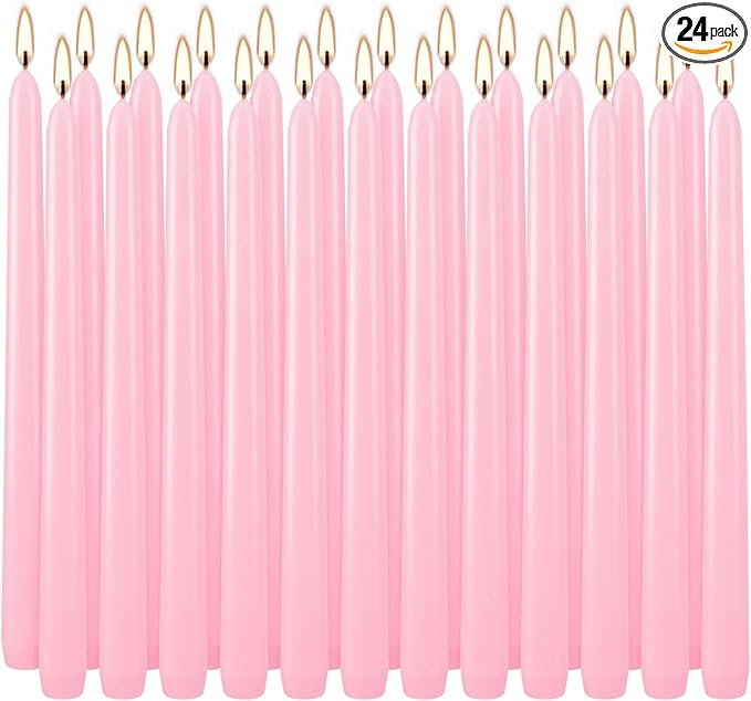 YOROXRG 24 Pack Pink Taper Candles, 7-8 Hours Burn Time, Unscented, Smokeless and Dripless, 0.75 x 10 Inch Dinner Candle Set for Valentine's Day,Household, Wedding, Party and Home Décor Candlesticks