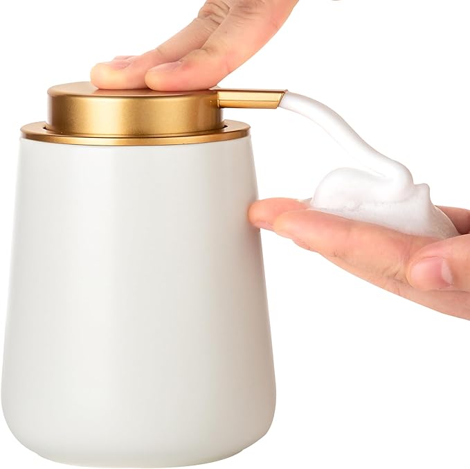 Enra Foaming Soap Dispenser,12 oz Beige Ceramic Modern Foam Hand Soap Dispenser for Bathroom,Kitchen with Easy-to-Press Pump (White Foam Gold Pump)