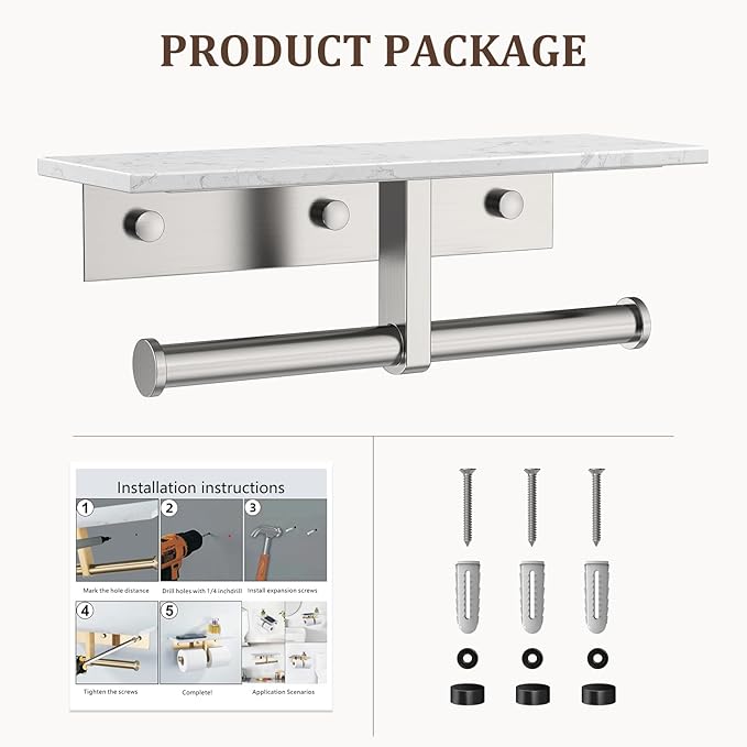 BWE Double Toilet Paper Holder with Shelf, Wall Mounted Tissue Roll Holder for Bathroom, Commercial Toilet Paper Dispenser, Marble Toilet Paper Storage Holder with Phone Shelf (Brushed Nickel)