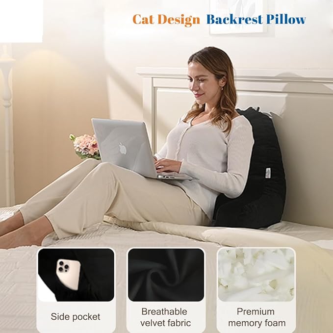 SUNSIDE Kitty Reading Pillow for Sitting in Bed, Shredded Memory Foam Cute Back Pillows for Adult and Children with Arms, Cat Design Bed Pillow, Back Support Pillow with Washable Cover