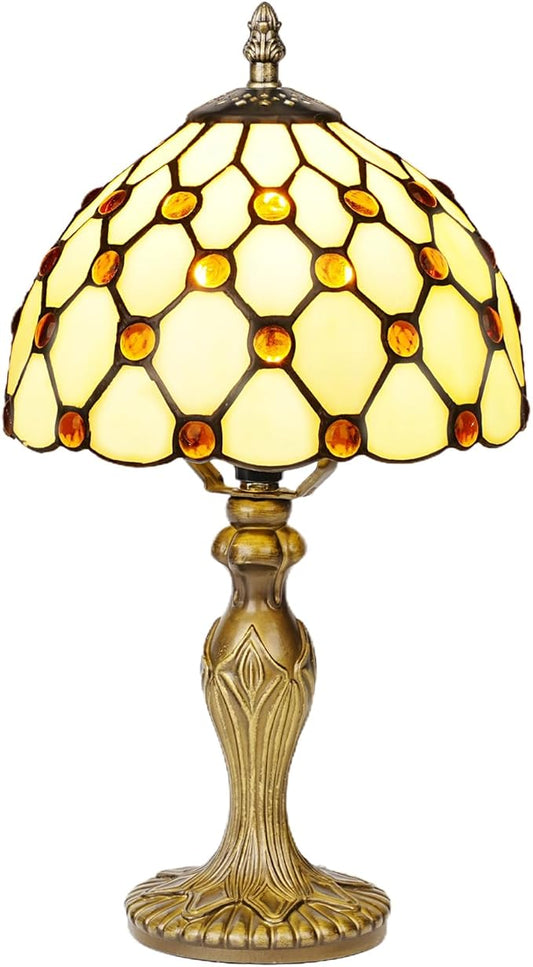 8" Tiffany Style Table Lamp, Yellow Beads Small Stained Glass Night Lamp, Handmade Desk Bedside Antique Light for Living Room, Bedroom and Study, Ideal Art Gift for Family & Friends