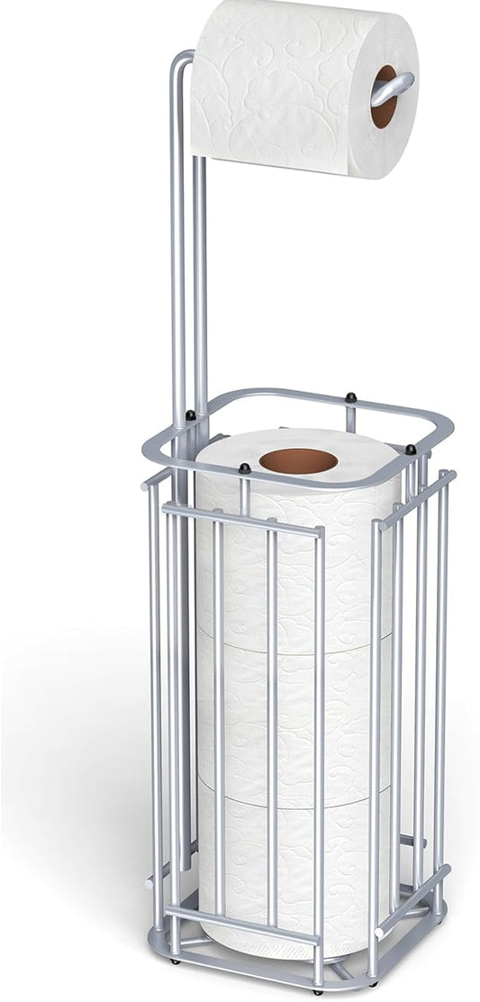 Meangood Toilet Paper Holder Stand, Square Tissue Paper Roll Dispenser for 4 Mega Rolls, Bathroom Free Standing Tissue Roll Storage Holder Rack (Silver)