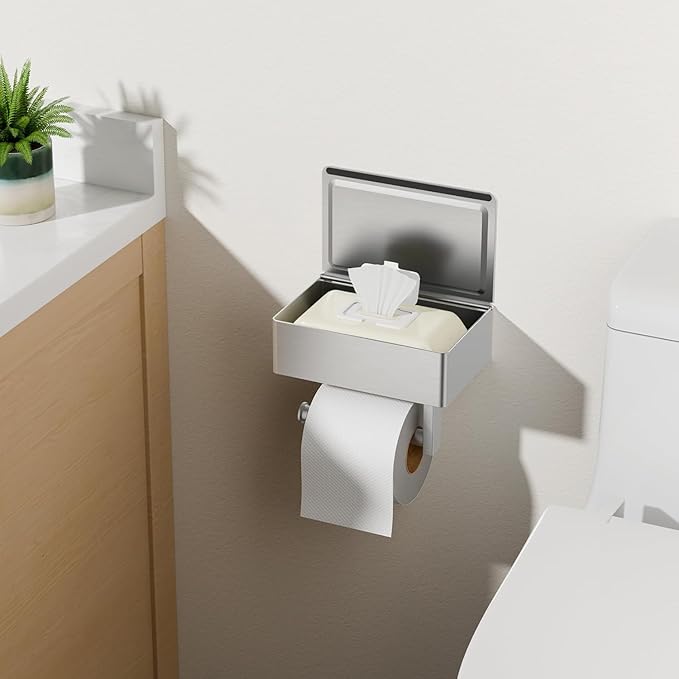 FORIOUS Toilet Paper Holder with Shelf, Sanitary Napkin Receptacle Tampon Holder, Wall Mount Toilet Paper Holder with Storage, Flushable Wipes Dispenser Fits for Bathroom Commercial(Brushed Nickel)
