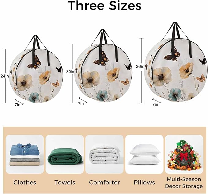 Blue Brown Floral Round Storage Bag 30 Inch, Butterfly Plant Pastoral Style Clothes Storage Container with Handles Heavy Duty Organizer for Comforter, Bedding & Holiday Wreaths