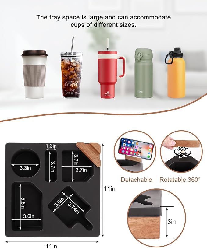 Couch Cup Holder Tray, Silicone Acacia Wooden Couch Caddy with Cup Holder for Snacks, Drinks, Remotes, Waterproof Cup Holder for Couch, Organizer, Movie Night Snack Trays, Easter Gifts