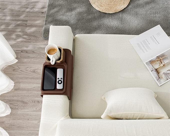 Couch Cup Holder Tray, Elimiko Silicone Anti-Spill and Anti-Slip Couch Drink Holder, Strong and Weighted Phone/Remote/Snacks Sofa Cup Holder (Brown)