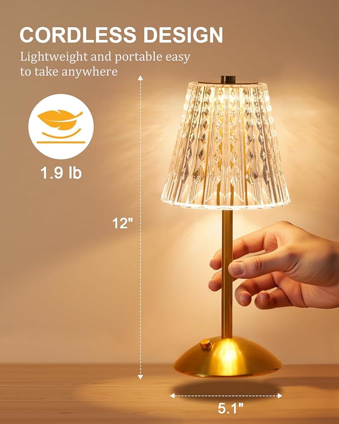 Nusogon Cordless Touch Table Lamp, LED Rechargeable Small Dask Lamp, 3 Colors Dimmable Battery Operated Crysta Lamp for Bedroom Restaurant Kitchen Home Decor, Gold, 2pcs