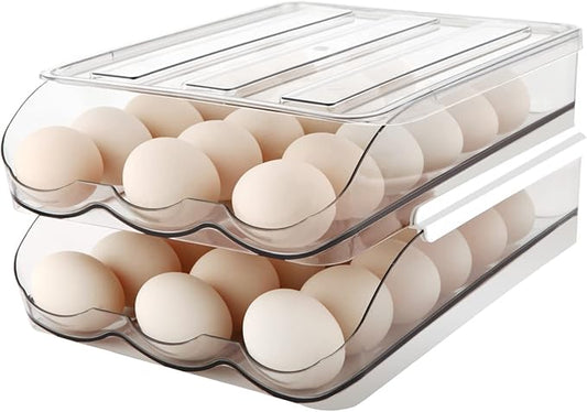 MesRosa Egg Holder for Fridge, Automatically Rolling Egg Storage Container for Refrigerator,Large Capacity Egg Organizer for Fridge with Lid,Clear Plastic Dispenser, Tray & Bin -2 Layer