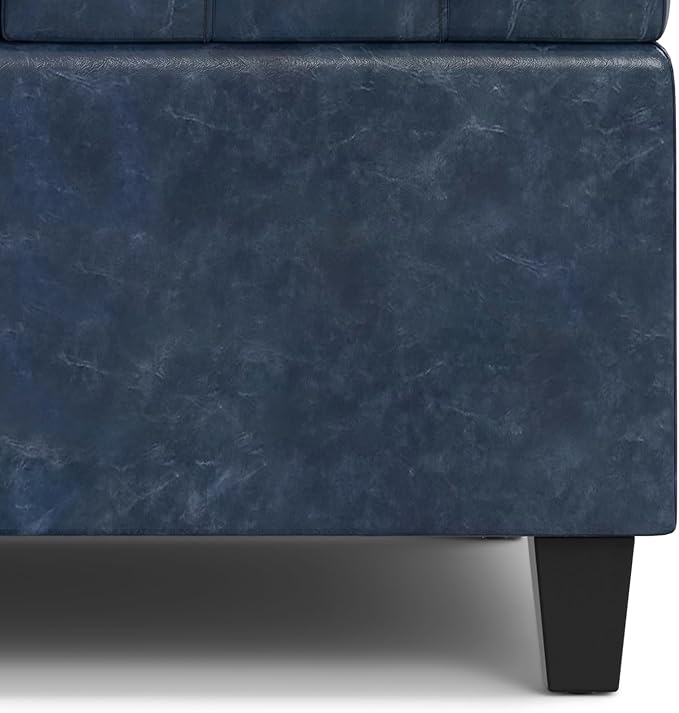 SIMPLIHOME Harrison Small Coffee Table Storage Ottoman - 30 inch Wide Upholstered Vegan Leather Square Lift-Top Ottoman in Denim Blue, Transitional Ottoman for Living Room with Hidden Storage