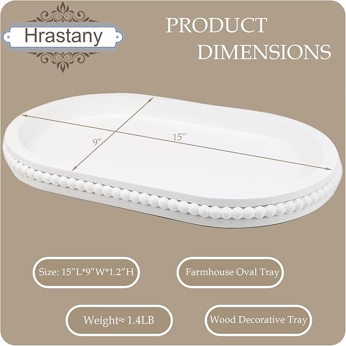 Hrastany Oval Wood Serving Tray with Wooden Beads, Outdoor Farmhouse Decorative Tray for Ottoman, Coffee Table, Kitchen Counter Organizer, Home Decor(White)