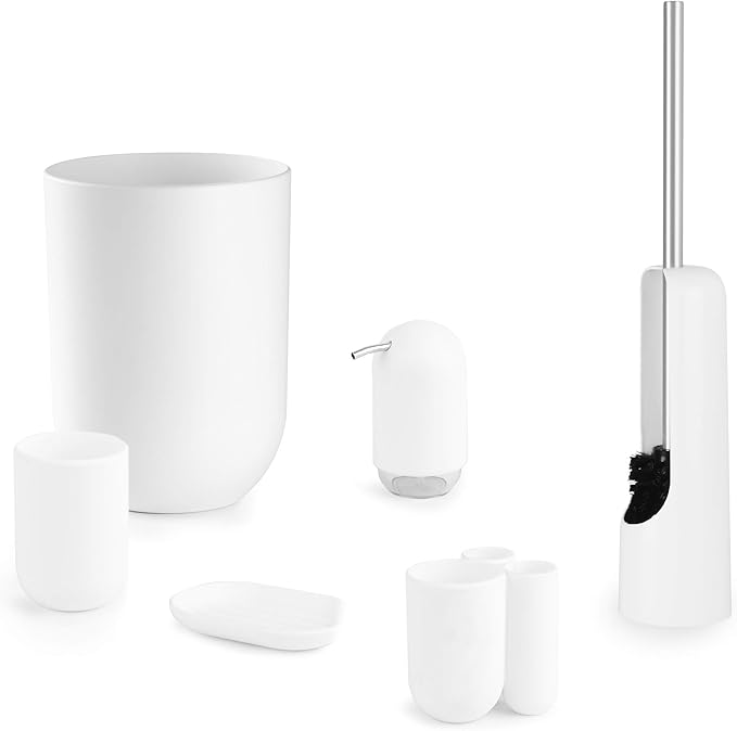 Umbra Touch Trash Can, Small 1.6-Gallon Garbage Bin with Swing Lid, Waste Basket for Bathroom or Office, White