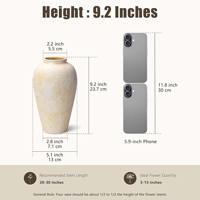 Ceramic Flower Vase Home Decor - 9.2 inch Large Farmhouse Table Vases, Rustic Decorative Vases for Kitchen Living Room Coffee Dining Shelf Mantel Decoration