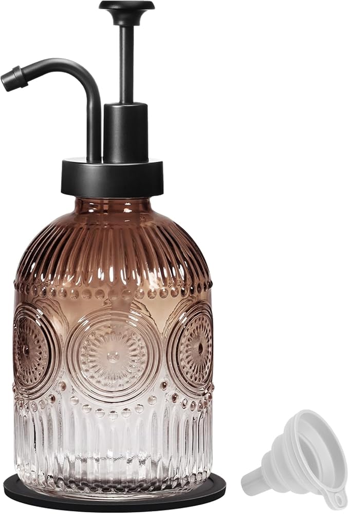 SheeChung 12Oz Vintage Glass Bathroom Soap Dispenser, Kitchen Dish Soap Dispenser with Pump, Refillable Liquid Hand Soap Bottle, Lotion, Antique Rustic Farmhouse Decor (Brown-Black Pump, 1 Pack)