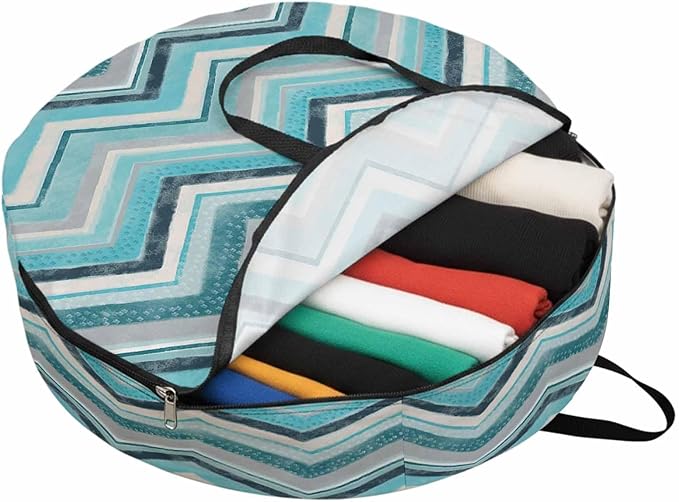 Storage Bag Aqua Turquoise Chevron Round Storage Totes Bins Closet Organizers with Zippers & Handle Geometric Design Stripe Clothes Storage Container for Bedroom Dorm Space Saving Packing Supplies