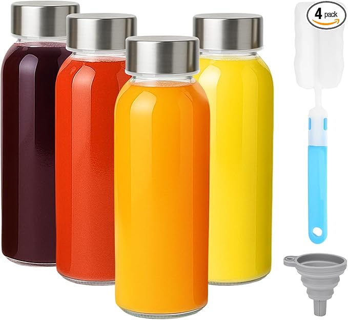 Zukro Glass Water Bottles with Lids 12 oz, Reusable Clear Juice Bottles With Stainless Steel Airtight Cap for Juicing, 100% Leak Proof Juice Drinking Jar for Smoothie, Milk, BPA Free, Set of 4