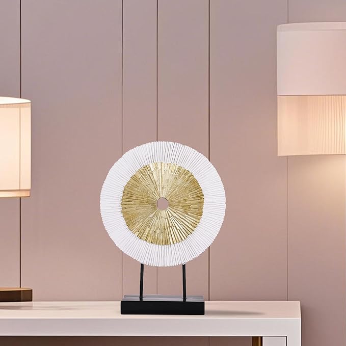 12" Tall Abstract White Gold Round Sculpture - Unique Home Decoration for Above Cupboard Decor, Living Room Coffee Table, Console, Office, Entrance, Table Centerpieces (White Gold)