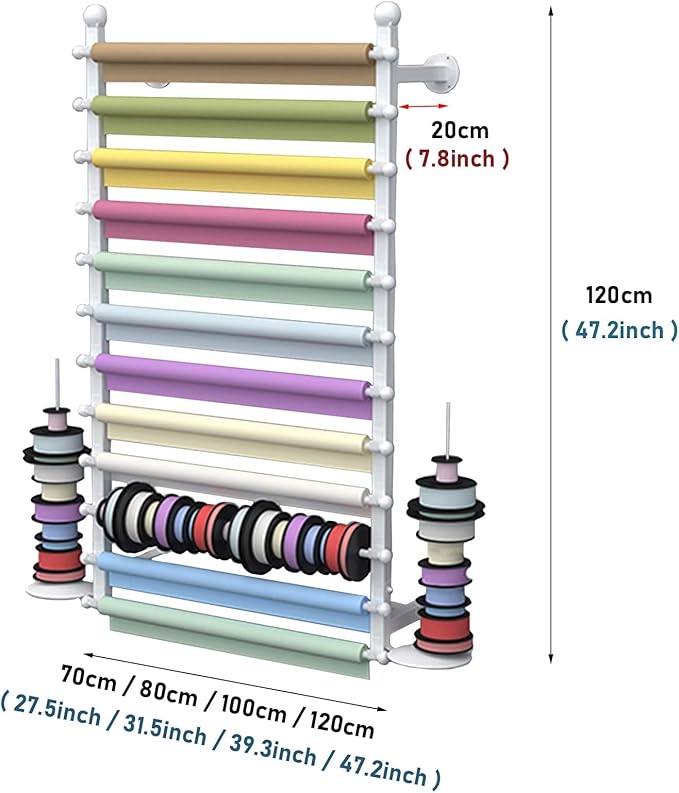 Ribbon Display Storage Organizer Wire Spool Rack Wrapping Paper Shelf Wall Mounted,Detachable Ribbons Tray&Removable Crossbars,White,120X20X120Cm