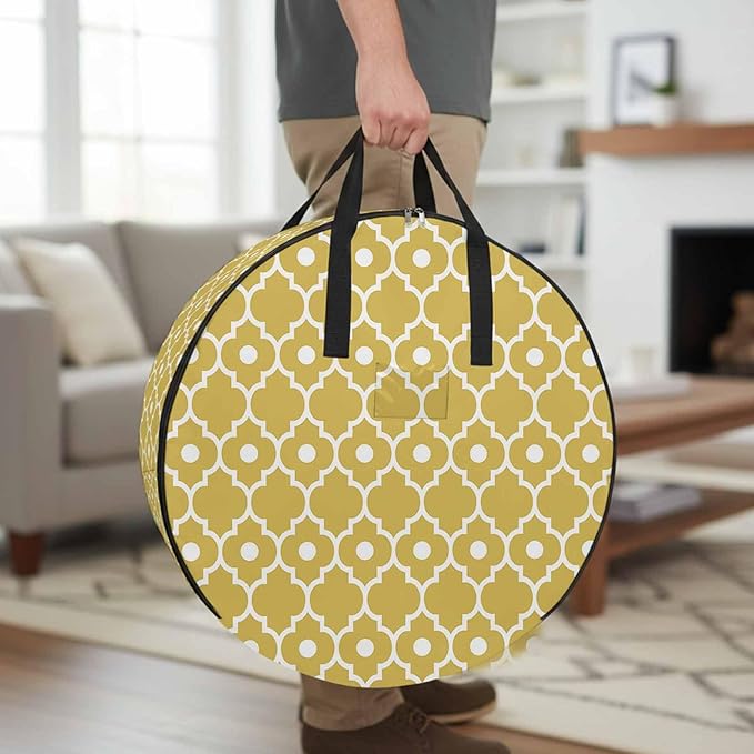 Storage Bag Retro Moroccan Design Round Storage Totes Bins Closet Organizers with Zippers & Handle Yellow Geometric Pattern Clothes Storage Container for Bedroom Dorm Space Saving Packing Supplies