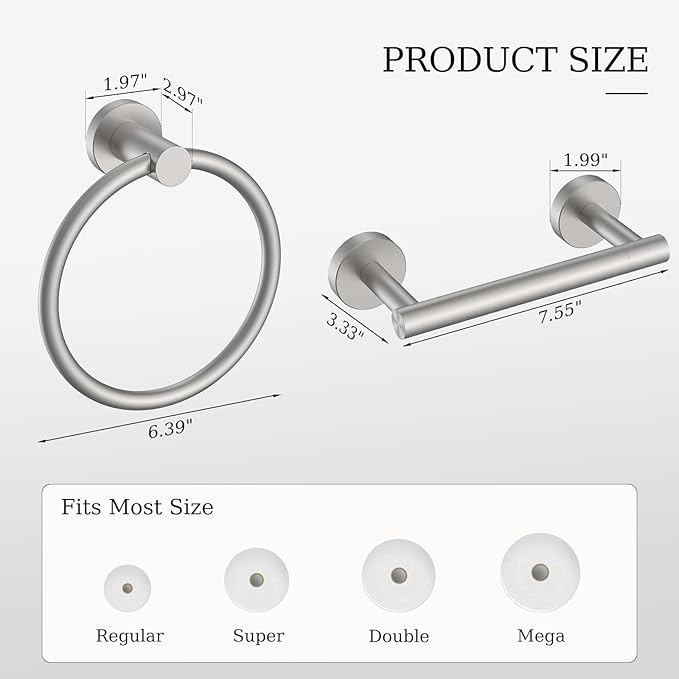 Toilet Paper Holder & Towel Holder, Bathroom Hardware Set-SUS304 Stainless Steel Double Post Pivoting Tissue Roll Holder and Hand Towel Ring Set for Bathroom, RV, Brushed Nickel