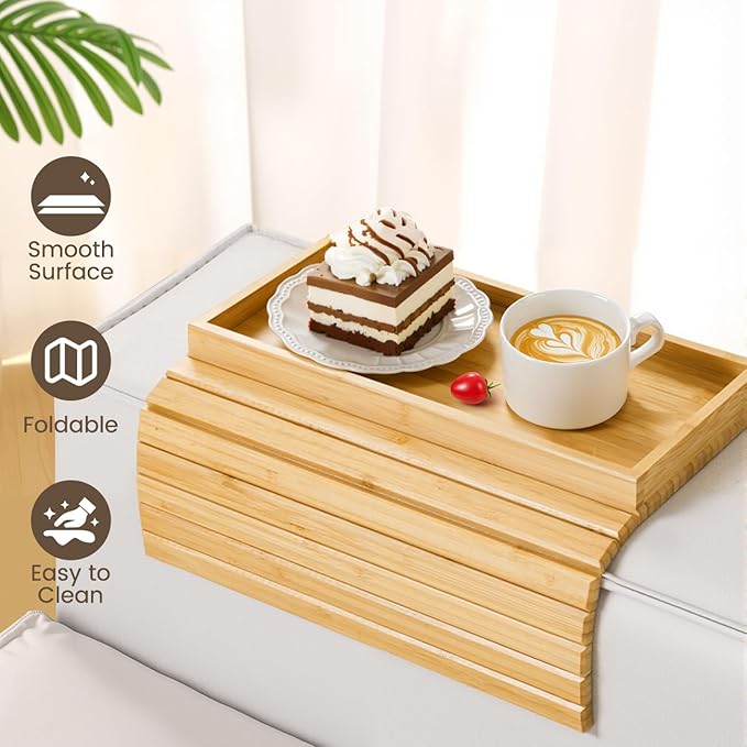 Couch Arm Tray, Bamboo Sofa Tray Table for Couch, Sofa Armrest Table, Anti-Slip Armrest Organizer, Foldable Couch Cup Holder for Snacks, Phone, Control, Cups, Natural