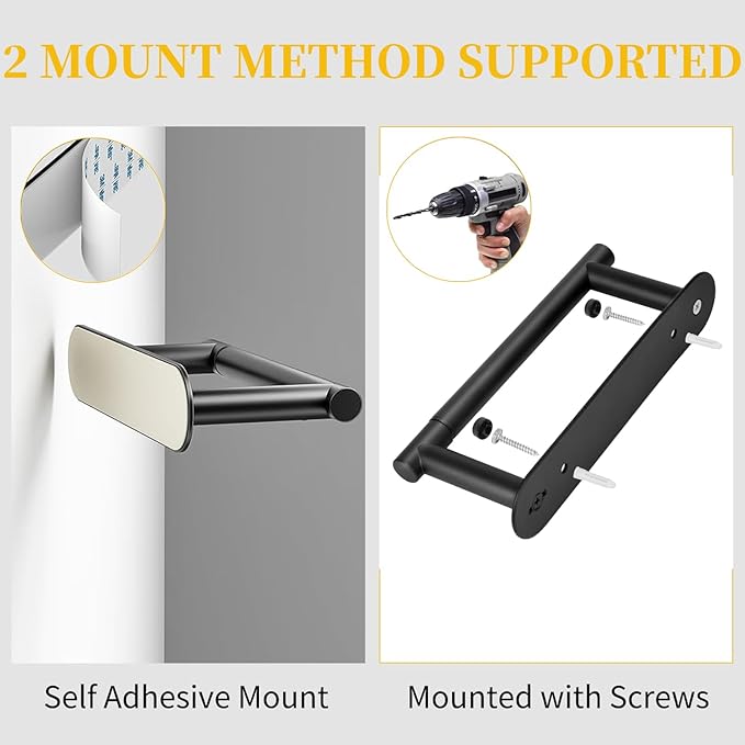 BESy Adhesive or Screw Toilet Paper Holder Wall Mount Rustproof Modern Roll Holder Flexible Pivoting Adjustable Tissue Handle with Self Adhesive or Mounted with Screws Stainless Steel Matte Black