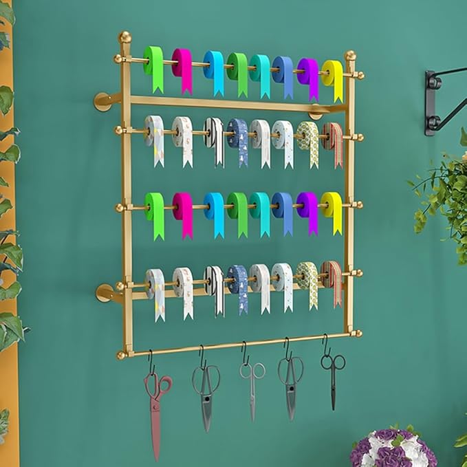5tier Wall Mounted Ribbon Rack, Metal Gift Wrapping Paper Display Holder, Wrapping Paper Scarf Tie Belt Towel Storage Stand for Craft Room Florist Bedroom，Gold 70x12x80cm