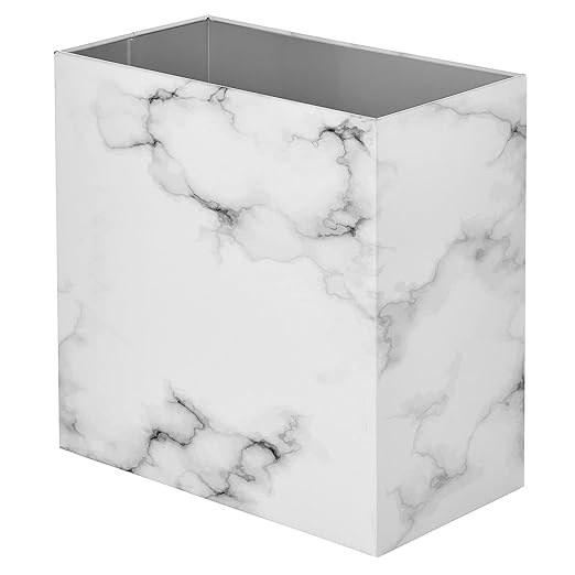 mDesign Small Steel Rectangular 2.4 Gallon/9.1 Liter Trash Can, Waste Basket for Bathroom, Bedroom, Home Office - Holds Garbage, Recycling, Household Items - Linn Collection - White Marble