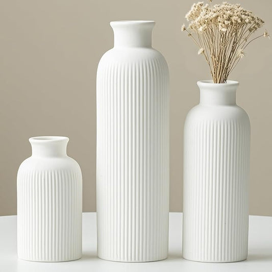 Modern Ceramic Vase Set, White Ribbed Matte Design, 3-Piece Decorative Vases for Home, Living Room, Office (White)
