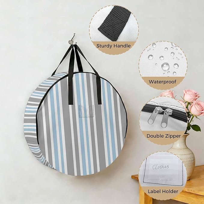 Storage Bag Blue Stripes Round Storage Totes Bins Closet Organizers with Zippers & Handle Grey Striped Lines Clothes Storage Container for Bedroom Dorm Space Saving Packing Supplies Moving Bags