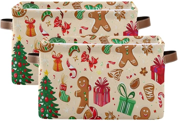 Christmas Storage Basket, Collapsible Canvas Organizer with Festive Pattern, 14.2x10.2x8.3 Inches, Brown Leather Handles, Water-Resistant Interior, for Home Bedroom Storage